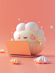 A Cute 3D Clam Using a Laptop Computer in a Solid Color Background Room