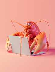 A Cute 3D Lobster Using a Laptop Computer in a Solid Color Background Room