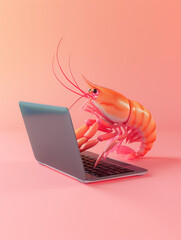 A Cute 3D Shrimp Using a Laptop Computer in a Solid Color Background Room
