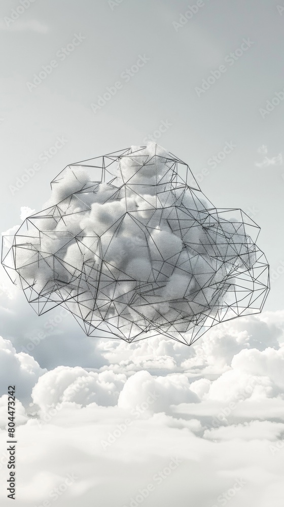 Poster a geometric cloud built from triangular wireframe elements, emphasizing its structured and modular n