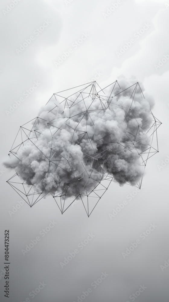 Poster a geometric cloud built from triangular wireframe elements, emphasizing its structured and modular n