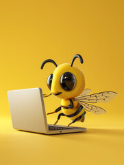 A Cute 3D Bee Using a Laptop Computer in a Solid Color Background Room