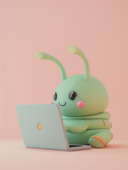 A Cute 3D Caterpillar Using a Laptop Computer in a Solid Color Background Room