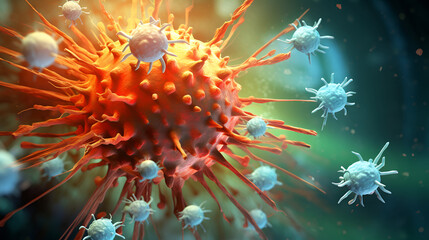 virus on red,Lymphocytes Fighting Cancer Cells,,Microscopic Battle: Lymphocytes vs. Cancer Cells
