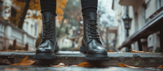 Person Standing on Step in Stylish Black Boots
