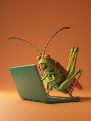 A Cute 3D Grasshopper Using a Laptop Computer in a Solid Color Background Room