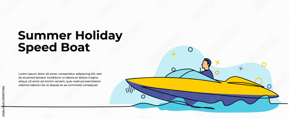 Poster vector illustration of a person playing speedboat. modern flat in continuous line style.