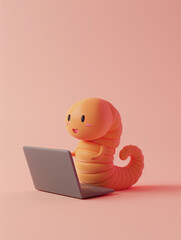 A Cute 3D Worm Using a Laptop Computer in a Solid Color Background Room