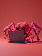 A Cute 3D Spider Using a Laptop Computer in a Solid Color Background Room