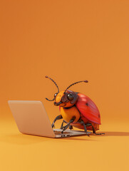 A Cute 3D Beetle Using a Laptop Computer in a Solid Color Background Room