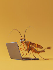 A Cute 3D Mosquito Using a Laptop Computer in a Solid Color Background Room