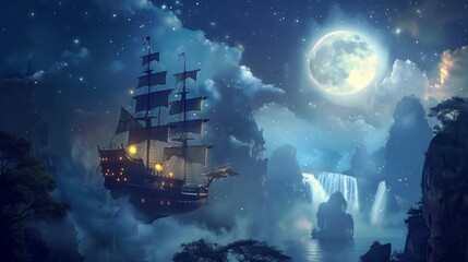 A vintage sailing ship flying in air above clouds. Fantasy wallpaper.