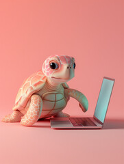 A Cute 3D Sea Turtle Using a Laptop Computer in a Solid Color Background Room