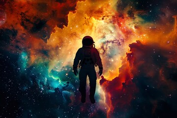 A lone astronaut in a classic pop art pose, silhouetted against a vibrant nebula