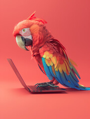 A Cute 3D Macaw Using a Laptop Computer in a Solid Color Background Room