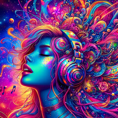 Digital art vibrant colorful psychedelic beautiful woman with headphones vibin to music