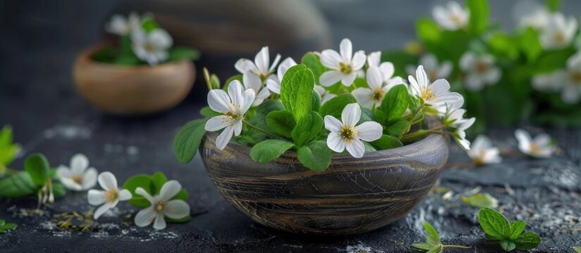 Small White Flowers in Brown Vase on Table