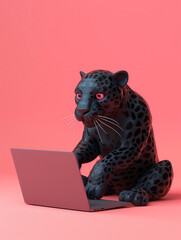 A Cute 3D Panther Using a Laptop Computer in a Solid Color Background Room