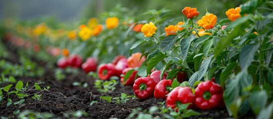 Vibrant Red Peppers in a Blooming Farm Garden