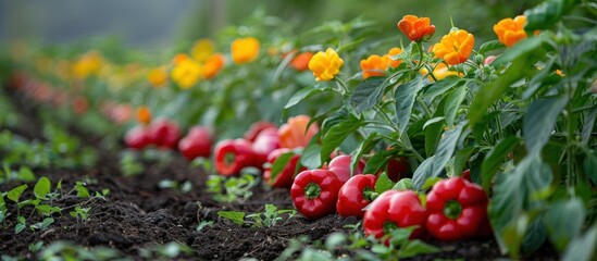 Fototapeta premium Vibrant Red Peppers in a Blooming Farm Garden