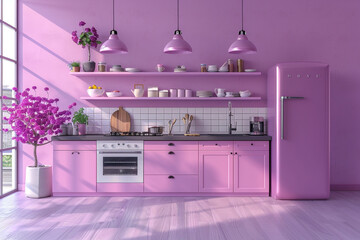 Kitchen appliances in monochrome single pink purple color room, 3d rendering