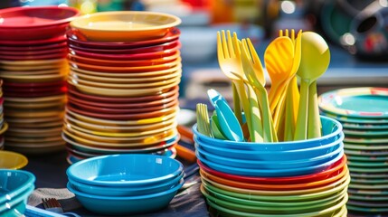A variety of colorful plates and cups neatly arranged on a table, showcasing a vibrant and inviting set-up for a meal or gathering.