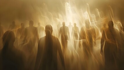 Fuzzy image of featureless humanoid figures in shadowy crowd representing the demise of humanity. Concept Dark Art, Apocalyptic Imagery, Humanity's Demise, Shadowy Figures, Mysterious Crowd