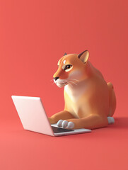 A Cute 3D Mountain Lion Using a Laptop Computer in a Solid Color Background Room