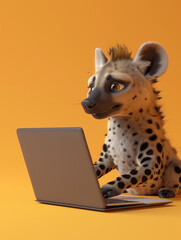 A Cute 3D Hyena Using a Laptop Computer in a Solid Color Background Room