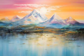 calming mountain peak sunrise, abstract landscape art, painting background, wallpaper, generative ai
