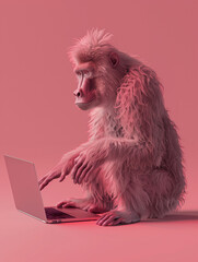 A Cute 3D Baboon Using a Laptop Computer in a Solid Color Background Room