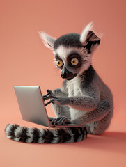 A Cute 3D Lemur Using a Laptop Computer in a Solid Color Background Room