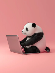A Cute 3D Panda Using a Laptop Computer in a Solid Color Background Room