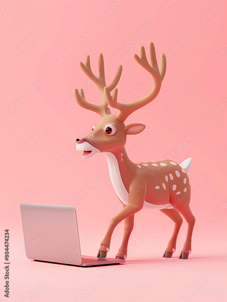 Sticker A Cute 3D Elk Using a Laptop Computer in a Solid Color Background Room