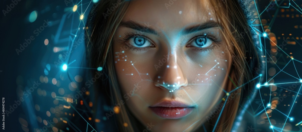 Poster female hacker face surrounded by lines and dots