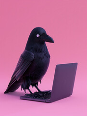 A Cute 3D Crow Using a Laptop Computer in a Solid Color Background Room