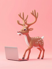 A Cute 3D Elk Using a Laptop Computer in a Solid Color Background Room