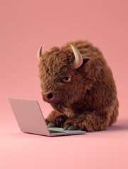 A Cute 3D Bison Using a Laptop Computer in a Solid Color Background Room
