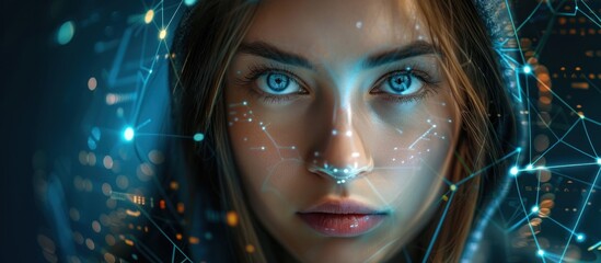 female hacker Face Surrounded by Lines and Dots