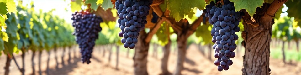 Grape branch against the background of grape plantations. Black grapes on the background of...