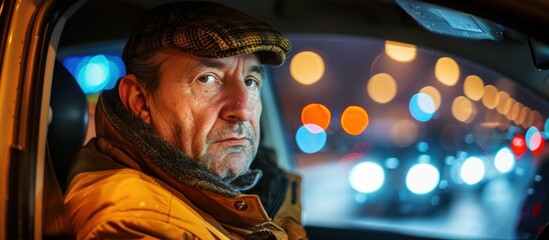 Middle aged taxi driver Man Sitting in Car