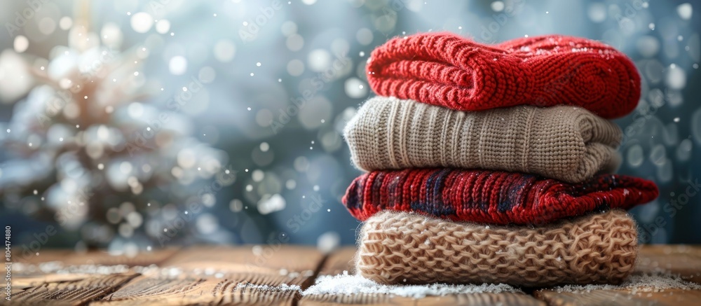 Poster a stack of cozy sweaters neatly arranged on top of a rustic wooden table, creating a warm and inviti