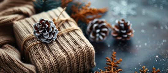 Fototapeta premium Cozy Sweater and Pine Cones on Festive Background