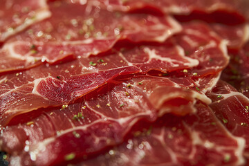 Obraz premium Fresh raw beef slices close-up, healthy food concept illustration