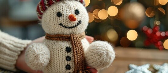 Hand Holding Knitted Snowman by Christmas Tree
