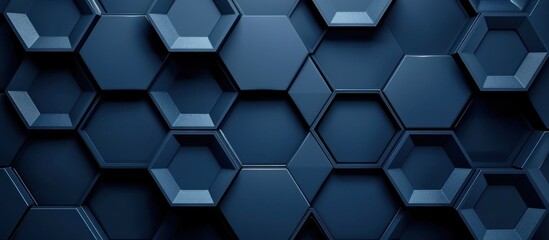 A dark blue background filled with hexagonal shapes creating a striking geometric pattern. - obrazy, fototapety, plakaty