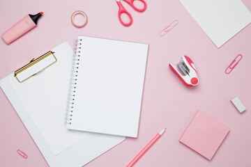 Creative flat lay mockup design of workspace. Top view composition with white notebook, to do list...