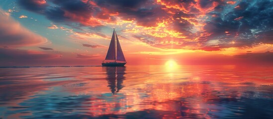 A sailboat glides gracefully on the vast expanse of the ocean during sunset, creating a serene and captivating scene.