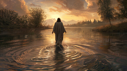 An ethereal scene depicting Christ walking on water, each step causing ripples that transform into new life forms.