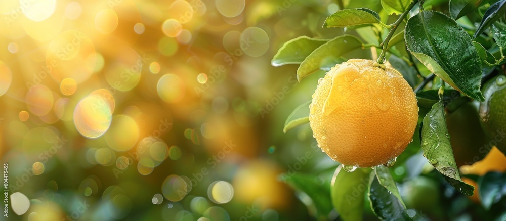 Poster a close up view of a ripe yellow grapefruit hanging on a branch of a citrus orchard tree.